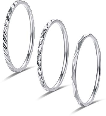 KAZITSAN 3pc 1mm Rings for Women Stainless Steel Simple Knuckle Stacking Thumb Silver Rings Faceted Edge Wedding Band Comfort Fit Size