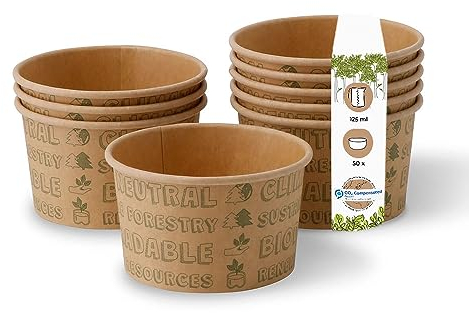 BIOZOYG Bio Eisbecher aus Pappe 50 Stück I Kraft-Karton Becher braun I Kompostierbare Becher ungebleicht I Speisebecher to Go I Pappbecher biologisch abbaubar 125 ml