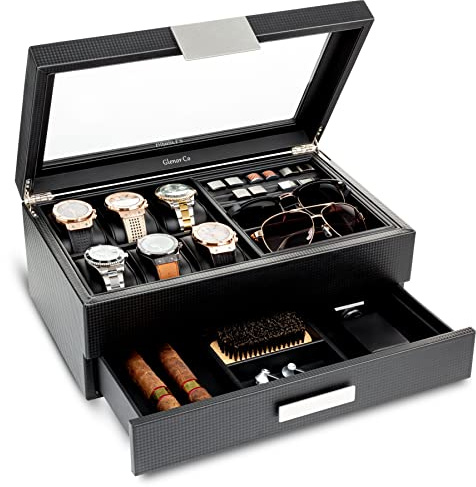 Glenor Co Valet Jewelry Box for Men - Holds 6 Watches, 12 cufflinks, 2 Sunglasses, Drawer & Tray Storage - Watch Case - Carbon Fiber design Organizer w Metal Accents & Large Glass Lid - Black