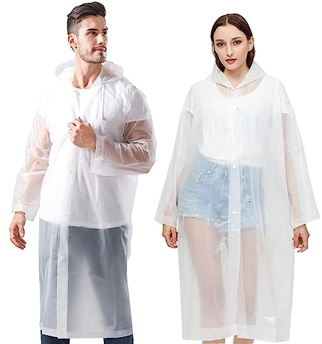Zophen Reusable Adults Rain Ponchos, 2 Pcs EVA Portable Raincoats for Women Men with Hood for Disney Outdoor (2Pcs-White)
