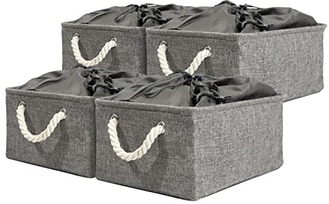 RMAN Scatole per Vestiti in Tessuto 4 Set Impilabili Contenitori per Armadio Salvaspazio con Corde per Trapunte, Biancheria da Letto, Vestiti Giocattoli, 36x26x16 cm, Grigio