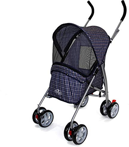 Pet Stroller with Swivel Wheels 15 kg Carrying Capacity Blue Tartan