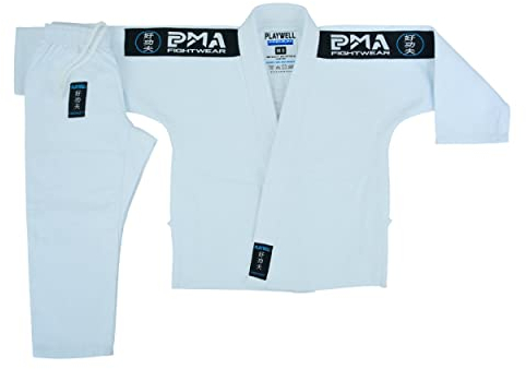 Playwell Kinder Elite BJJ Jiu Jitsu Uniform GI – Weiß (mit weißem BJJ Gürtel), weiß, M
