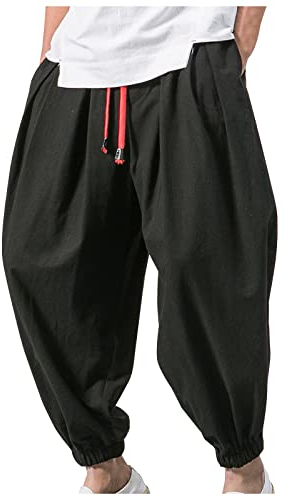 SOOUICKER Leinenhose Herren Lang Sommer Haremshose Herren Leinen Japanisch Sommerhose Leicht Gummizug Leinenhose Yoga Jogger Haremshose mit Taschen Aladinhose Freizeithose Leinen Baggy Harem Strand