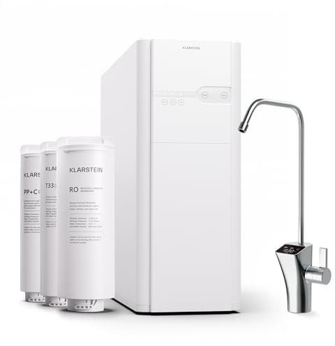 Klarstein Filtraggio Acqua per Casa, Sistema di Filtraggio Acqua 400GPD, Filtro Osmosi Inversa Acqua Potabile, Filtrazione a 5 Stadi, 3 Filtri, 99.99% di Purità, Montaggio Veloce, Sistema Osmosi