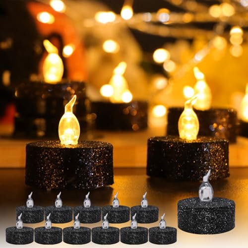 TINYOUTH 12PCS LED Tea Light Candles, Flameless Tea Lights Flickering Led Tealight Batteries Included for Wedding Party Anniversary Engagement Decoration, Black Glittering