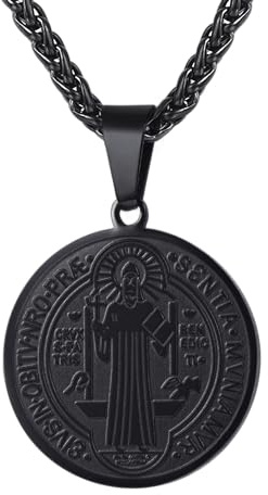 U7 Colgante Medalla San Benito Collar Hombre Acero Inoxidable Collar Colgante Hombre de Cruz de San Benito Chapado en Negro con Catena Spiga 50+5cm Joyería Religiosa