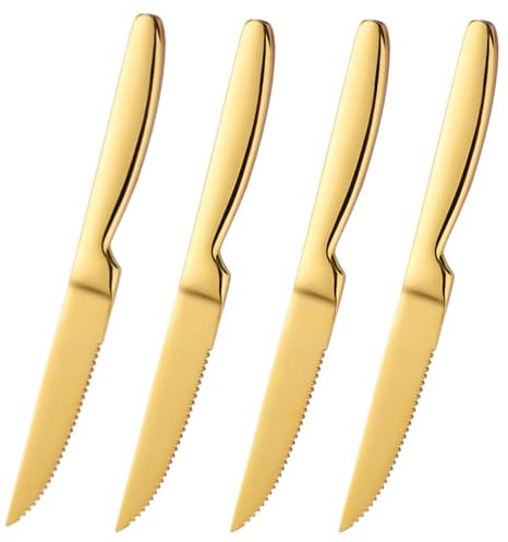Buyer Star Steakmesser-Set，4 Stück gezahntes Hochleistungs-Edelstahl-Tischmesser，Einteiliger Griff, Schnitte Steak und Huhn, Brot (Gold)