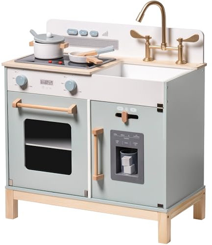 ROBOTIME Kinderküche aus Holz, für Mädchen und Jungen ab 3 Jahren, Rollenspiel-Kochset mit Lichtern und Geräuschen, Herd, Eiswürfelmaschine und Besteck, Geschenk für Kinder von 3-8 Jahren (Blau)