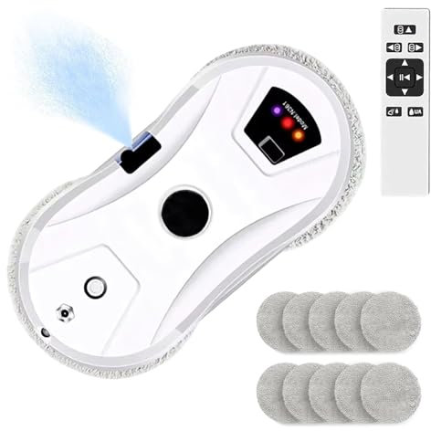 Robot Nettoyeur de Vitre, Robot Laveur de Vitre Automatique avec Pulvérisation d'eau, Corde de sécurité, télécommande et 10 Chiffons de Nettoyage, 5600PA, pour Toutes Les Surfaces Lisses (B)