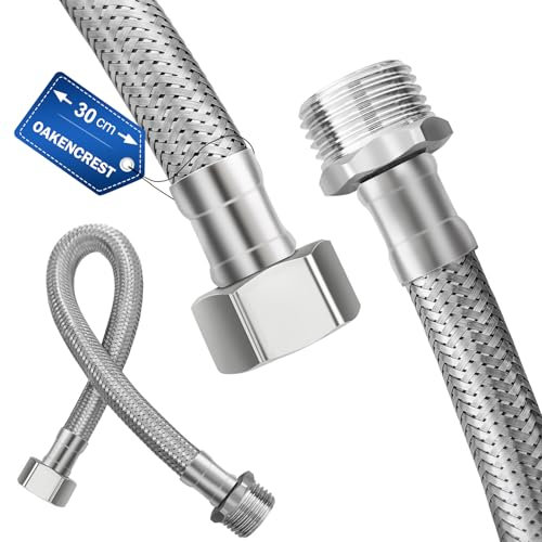 OAKENCREST 2 Stück Edelstahl Flexschlauch 1/2 zoll, 30cm Panzerschlauch mit Edelstahlumflechtung, Wasserhahn Schlauch Überwurf und Außengewind, Anschlussschlauch Armatur für Wasserhahn Eckventil