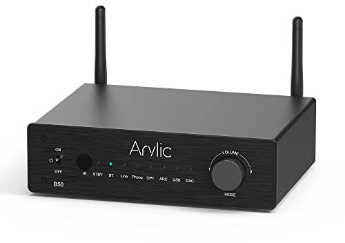 AAcrylic B50 2-kanals Bluetooth-förstärkare med ljudsändare, 50 W x 2 hemstereoförstärkare med HDMI ARC, DAC, Phono in och gratis app. Stöder aptX HD musiköverföring och mottagning.