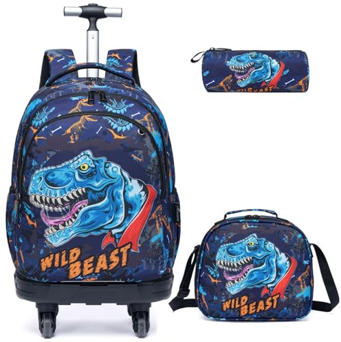 Egchescebo Kids Rolling Backpack for Boys Dinosaur Suitcases Trolley Roller Luggage Backpacks with 360° Rotating Wheels 15 Laptop Lunch Box Pencil Case for Elementary 18” Travel School Bag Blue