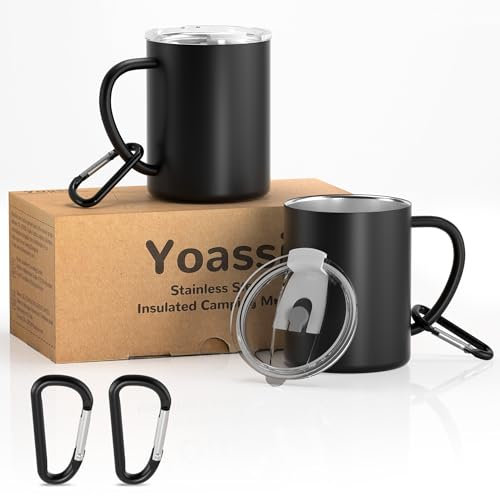 Yoassi Edelstahl Camping Becher, 2er Set Thermotasse mit Deckel und Karabiner, doppelwandige Isolierbecher, Kaffeebecher Kaffeetasse Trinkbecher 400 ml BPA frei für Outdoor und Camping, Schwarz