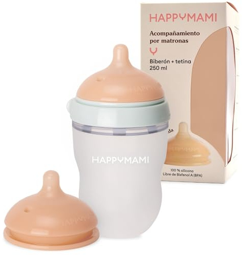 Happymami, Set biberon anti-colique personnalisé en silicone + tétine, design anatomique, avec tétine extra, sans BPA (Turquoise 250ml)
