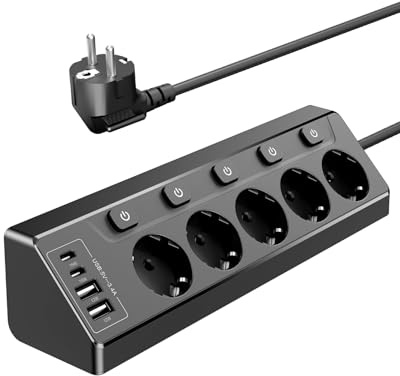 Vipwell Prise Plan de Travail Cuisine, Multiprises avec 2 Ports USB A et 2 Ports USB C, Multiprise 5 Prises avec Interrupteur, Rallonge Électrique 2m pour Meuble, Canapé, Bureau, Table