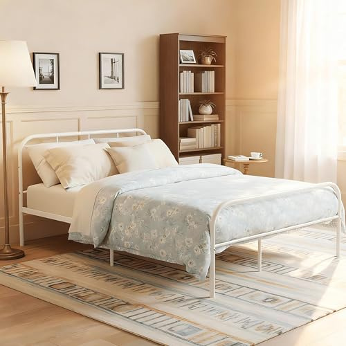 buybyroom Double Bed Frame, 4ft 6 White Metal Bed Frame with Headboard, Footboard, and Solid Slatted Base, 80cm Height, Underbed Storage Space, Fit for 140 x 190 cm Mattress