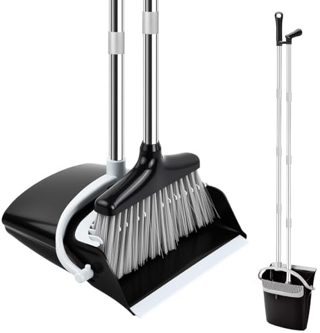 Samlonge Juego de Escoba y Recogedor de Mango Largo, 137 cm Escoba Alta y Recogedor Plegable Barredora y Recogedora de Polvo Combinados para Hogar Cocina Casa Oficina (Negro Blanco)