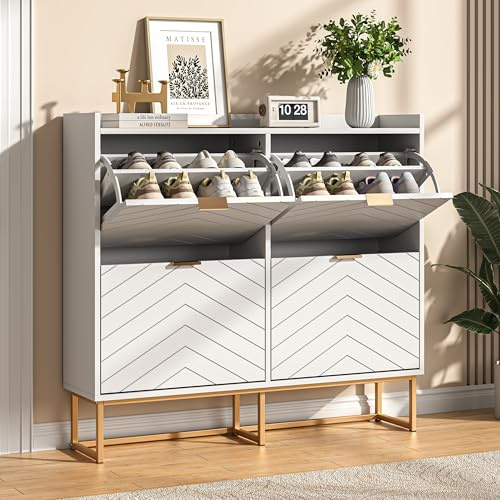 UEV Slim Shoe Storage Cabinet with 4 Flip Drawers, Hidden Shelf & Modern V-Line Design – Narrow Unit for Hallway, Entryway or Bedroom, White