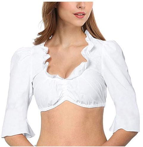 Kelandoom Blouse Femme,Chemisier À Manches Longues Dirndl Femme Mi Long Costume Traditionnelle Blanche Chemisiers Et Blouses avec Laçage Profondeur De Décolleté Réglable Taille (Blanc,5XL)
