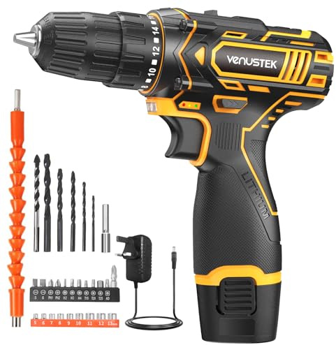 VENUSTEK Cordless Drill Set, 12V Power Drill with 2.0Ah Battery and 2-Speed, 30Nm Torque, 25+1 Clutch Settings, 3/8 Keyless Chuck, Combi Electric Drill for Home DIY, Wood, Metal, Plastic Drilling