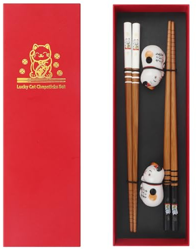GOTDYBST Palillos De Bambú Natural: 2 ParesPalillos Japoneses Reutilizable,Viene Con Dos Soportes Para Palillos,Exquisita Caja de Regalo,Fideos de Arroz para Sushi con Platos Asiáticos