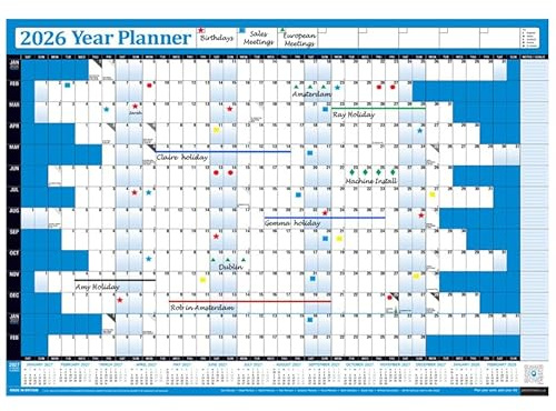 PlannerHead 2026 Wall Planner Blue | Yearly Calendar 2026 for Students, Families, Businesses, Offices | UK & Ireland Bank Holidays | Unmounted & Unlaminated (Blue, Medium 35cm x 49cm - Rolled)