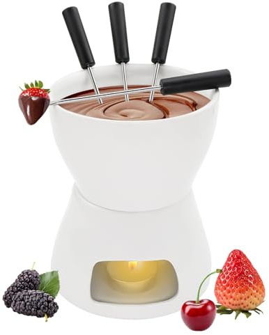 alwaiiz Set di tazze, fonduta di cioccolato in ceramica con 4 forchette e 1 candelina, fonduta di cioccolato per casa, ristorante e caffè, bianco