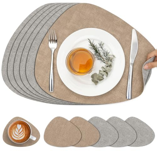 Chitomars Placemats and Coasters Set of 6 Dual Sided Faux Leather Table Mat | Heat Resistant Washable Place Mats Non Slip Waterproof PU Leather Placemat for Dining Table Indoor Outdoor(Light Grey Beige)