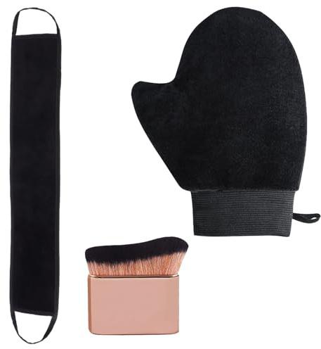 GIEEU Set di guanti autoabbronzanti 3 in 1, senza striature, con polso elastico, applicatore abbronzante posteriore, pennello abbronzante per corpo e viso, kit applicatore per abbronzatura
