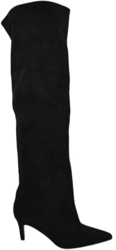 Stivali Slouchy Alto Arricciato camoscio Nero a Punta con Tacco Basso Kitten 5 cm Gambale Over (37 EU)