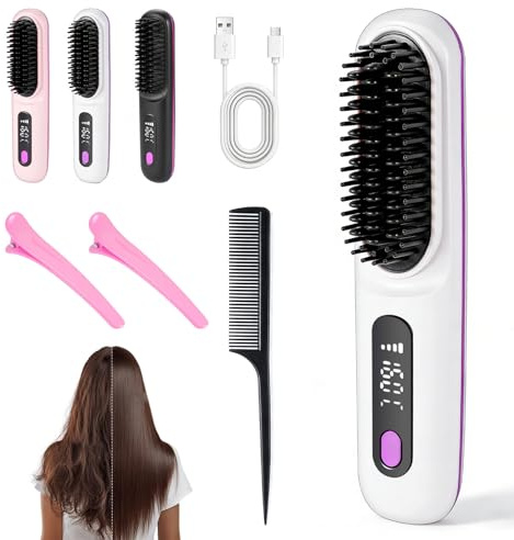 Cordless Hair Straighteners, USB Rechargeable, 3 Heat Settings | Portable Heated Hair Brush with LED Display, 160℃-180℃,for All Hair Types, for Travel Office Home