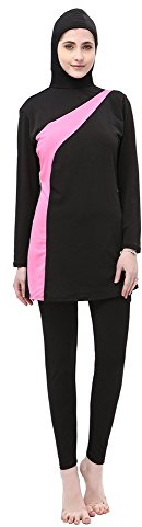 BOZEVON Maillot de Bain Musulman Burkini à Manches Longues Beachwear pour Femmes, Noir+Rose, 4XL