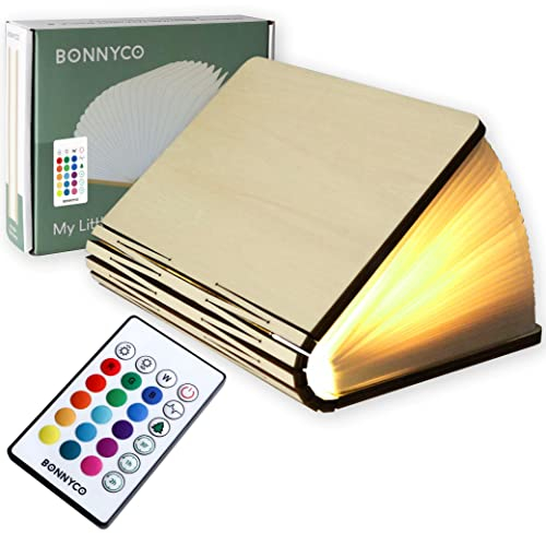 BONNYCO Lampada Libro Led Pieghevole in Legno con Telecomando 16 Colori e Timer Lampada Libro Decorazioni Casa, Camera da Letto e Ufficio | Idea Regalo Originale Donna Uomo per Compleanno Natale