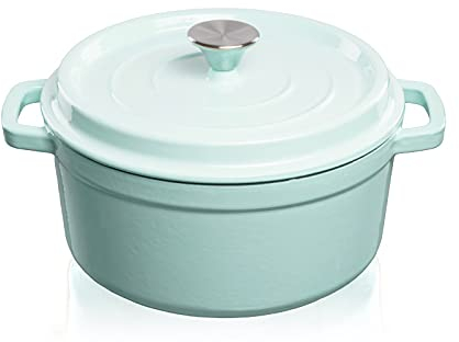 GRAND FEU Forno Olandese Rotondo in Ghisa - Pentola in ghisa smaltata con coperchio e manici larghi per Stufato da cucina, Paella, Friggere, Arrosto, Soffriggere - Casseruola 4,7 L, Azzurro