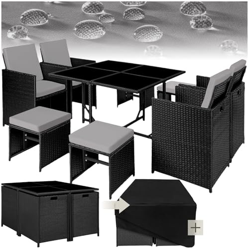 tectake® Salon de Jardin Extérieur en Poly Rotin - Table, 4 Chaises Confortables, 4 Tabourets, Housse de Protection - Mobilier pour Aménagement Balcon Terrasse - Noir/Gris