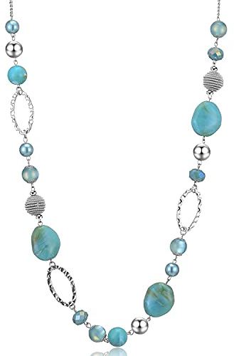 Bulinlin Silber Perplen Lang Kette für Damen Boho Statement Chain Halskette Modeschmuck Geburtstagsgeschenke für Frauen（Turquoise）