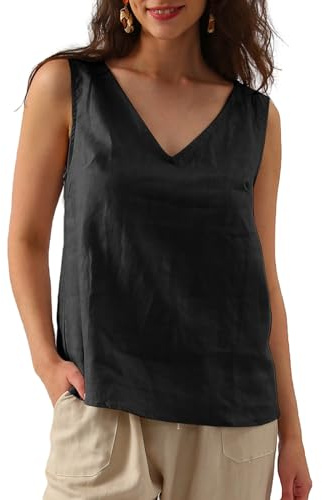Amazhiyu Womens 100% Linen Tank Tops, Summer Basic V Neck Sleeveless Blouse