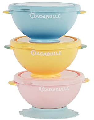 Badabulle Set mit 3 Funcolors Bowls, mit Deckel und 1 rutschfestem Saugfuß, 330ml