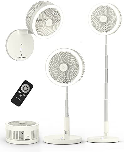 Primevolve Portable Battery Operated Fan, 10400mAh Rechargeable USB Floor Desk Fan with Remote, 48cps LED 4 Speed Settings Pedestal Fan for Bedroom Office Fishing Camping Travel Tent, White 8.5