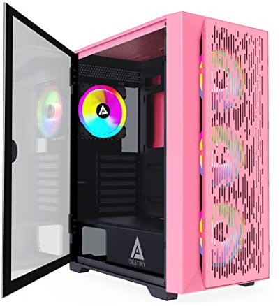 Apevia Destiny-Flow-PK Boîtier PC de jeu Destiny Flow avec 4 ventilateurs ARGB de 120 mm, 366 modes d'éclairage RVB, 1 panneau avant en métal flux, 1 panneau latéral magnétique pivotant à porte, 2