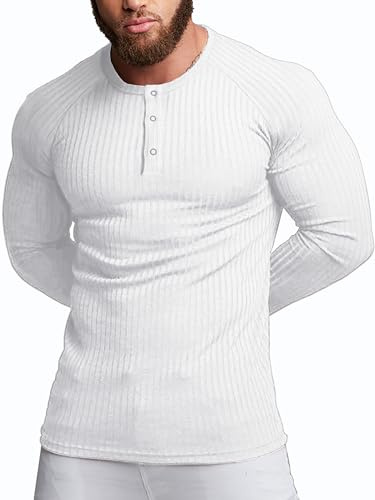 Agilelin Men's Cotton Long Sleeve Shirt,Slim Fit Muscle Shirts,Casual Henley Shirt,Ribbed T-Shirt（White/M