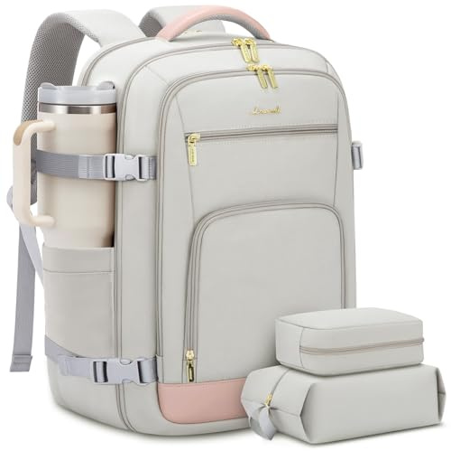 LOVEVOOK Travel Backpack For Women, 40L Carry On Backpack Flight Approved, TSA Personal Item Travel Bag Fits 17 Inch Laptop, Business Weekender Overnight Waterproof Daypack With 2 Cubes, Grey-Pink