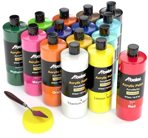 ABEIER Acrylfarben Set je 473 ml x15, Matte Finish, ungiftig, Malerei auf Leinwand, Kunsthandwerk, Holz, Keramik, ideal für Anfänger und Studenten, schnell trocknend, wasserfest und lichtecht