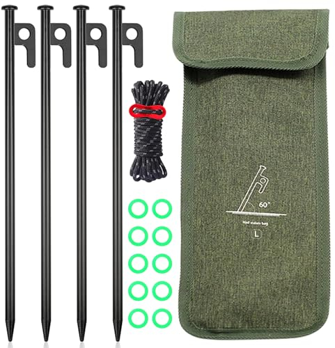 Zelt Heringe Stahl Erdnägel, 30cm Zeltheringe Sturmsicher Set, 4 Pack Heringe Erdnägel Stabil für Camping& Outdoor-Aktivitäten, Inklusive Leuchtender Sicherheitsring & Praktischer Aufbewahrungstasche