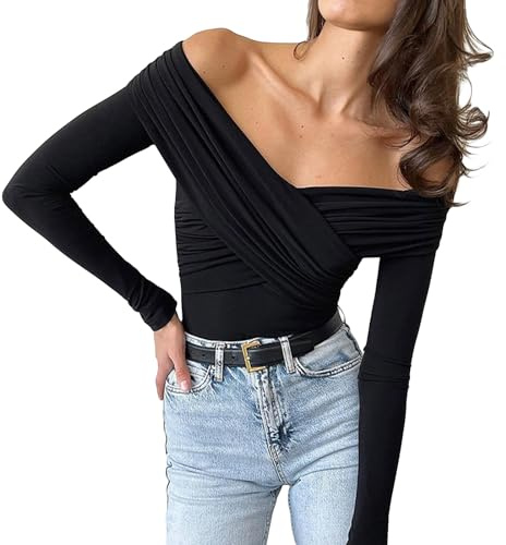 Women Cross Wrap Ruched Plunge T-Shirts Front Cross V-Neck Long Sleeve Off Shoulder Shirts Slim Fit Tee Tops Streetwear (Black, L)