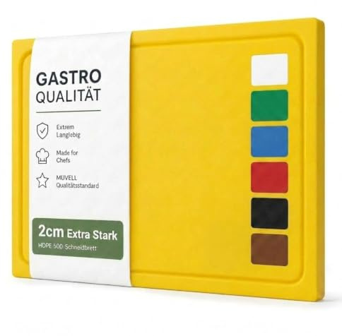 Muvell Sturdy Plastic Chopping Board, Yellow, 35 x 25 x 2 cm, Dishwasher Safe, Extra Thick, Knife-Friendly, Choice of Colours and Sizes, HACCP Poultry Kitchen Board, Chopping Board with Juice Groove