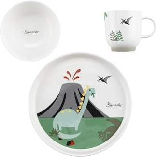 Sterntaler Dino Rexi Set de vaisselle en porcelaine avec socle en silicone antidérapant et amovible - Vaisselle pour bébé et enfant avec assiette, bol de 400 ml et tasse de 200 ml - Blanc