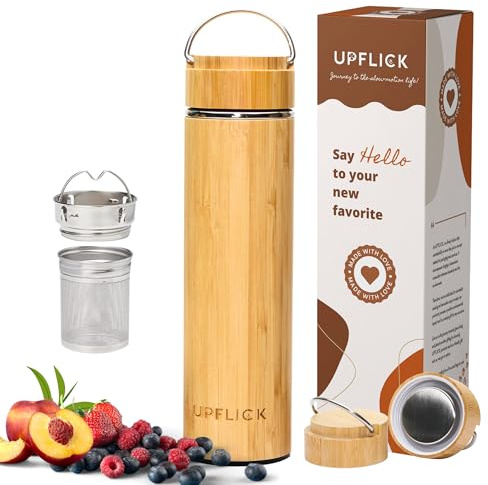 UPFLICK Bamboo Tea Bottle with Infuser and Lid for Loose Tea 17 oz Fruit Strainer Water Bottle Insulated Tumbler Coffee Lover Gift for Men.