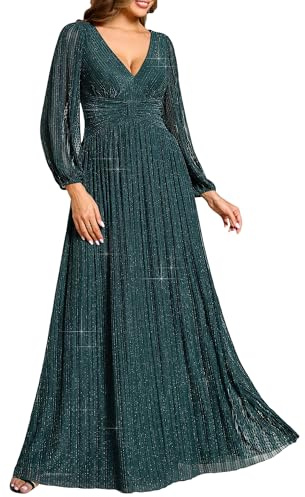 Ever-Pretty Abito da Sera Manica Lunga A-Line Scollo A V Abito Cerimonia Donna Teal 36